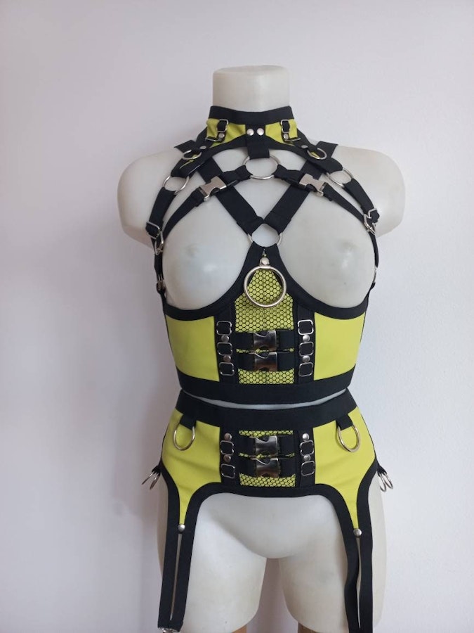 Faux leather gothic lingerie harness multicolor leather underbust corset and garter belt Image # 176277