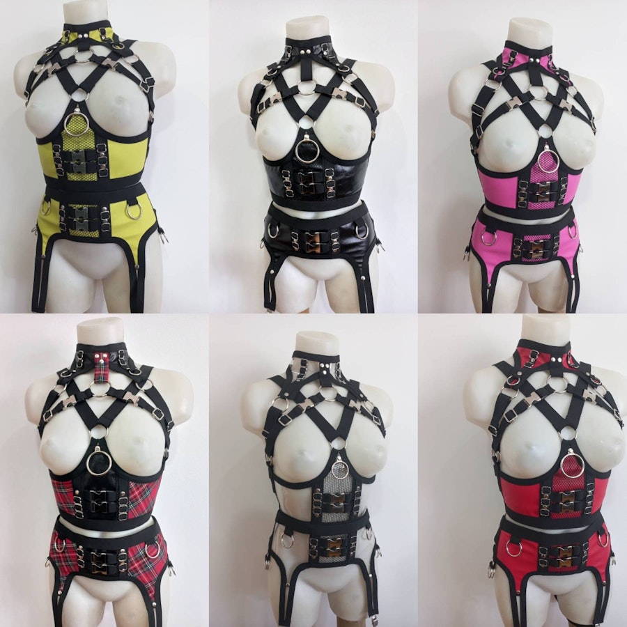 Faux leather gothic lingerie harness multicolor leather underbust corset and garter belt