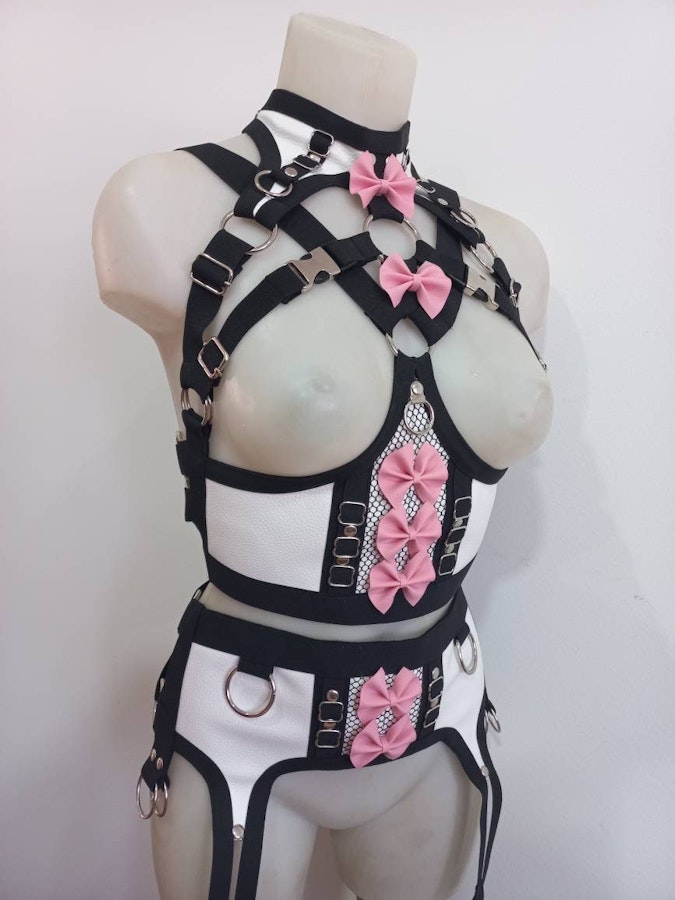kawaii harness-two piece set lolita pastel goth  faux leather lingerie elastic harness set Image # 176271