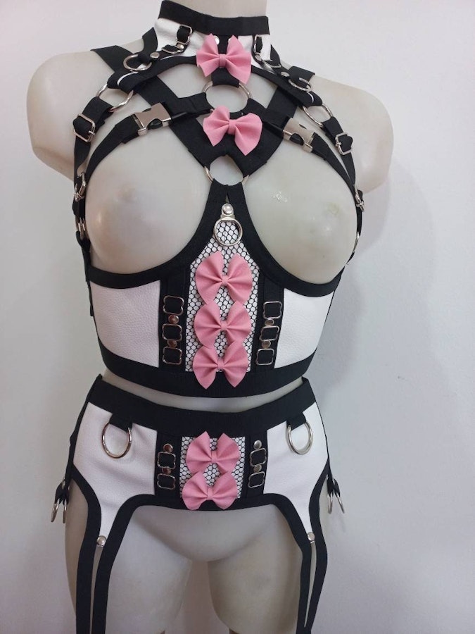 kawaii harness-two piece set lolita pastel goth  faux leather lingerie elastic harness set Image # 176270