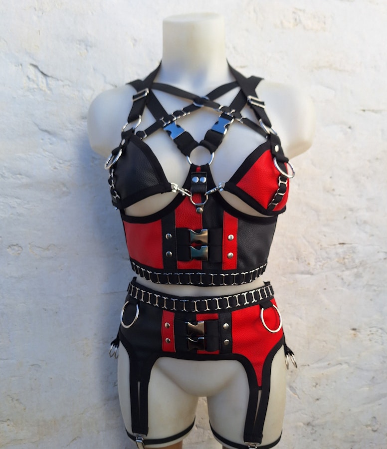 Stella harness-two piece set faux leather bralette and garter belt two color leather bra elastic harness Image # 176023