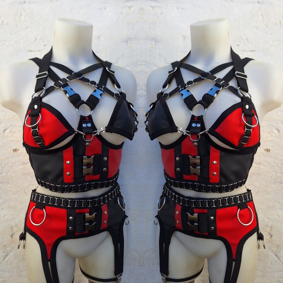 Stella harness-two piece set faux leather bralette and garter belt two color leather bra elastic harness