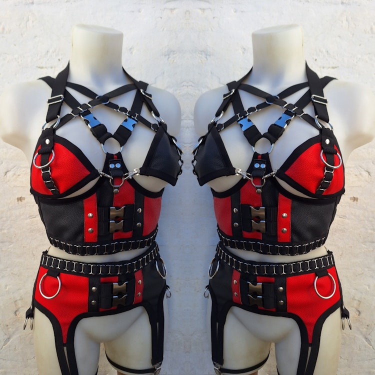 Stella harness-two piece set faux leather bralette and garter belt two color leather bra elastic harness photo