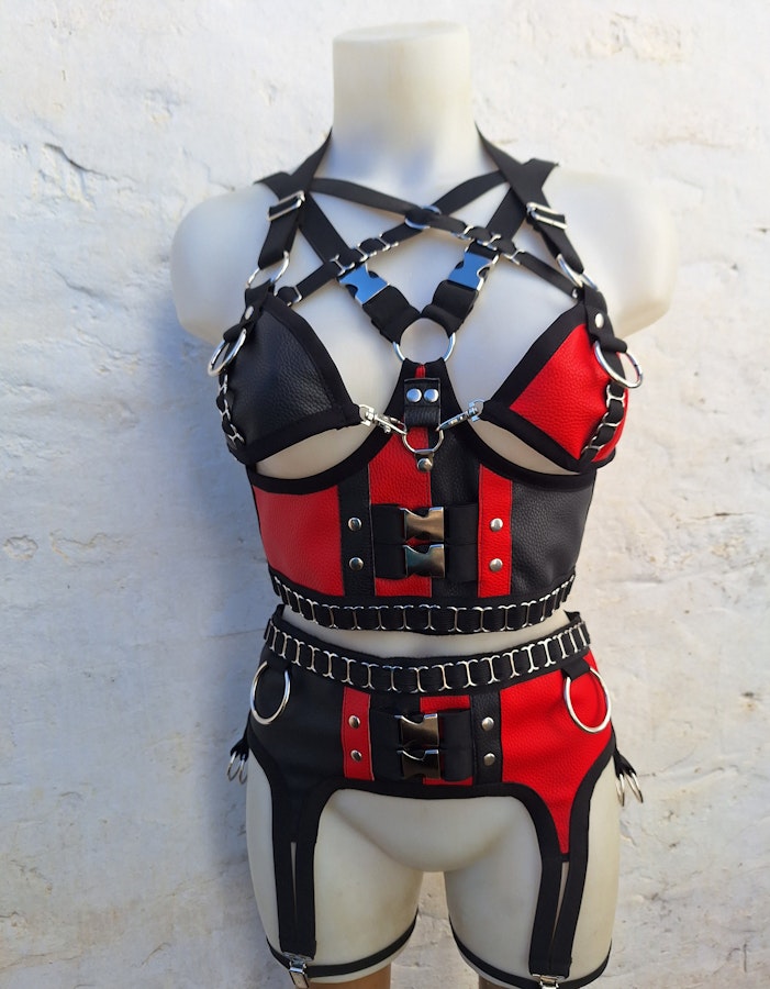 Stella harness-two piece set faux leather bralette and garter belt two color leather bra elastic harness Image # 176024