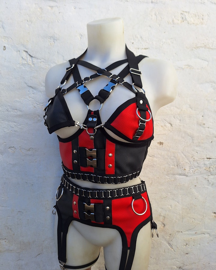 Stella harness-two piece set faux leather bralette and garter belt two color leather bra elastic harness Image # 176025