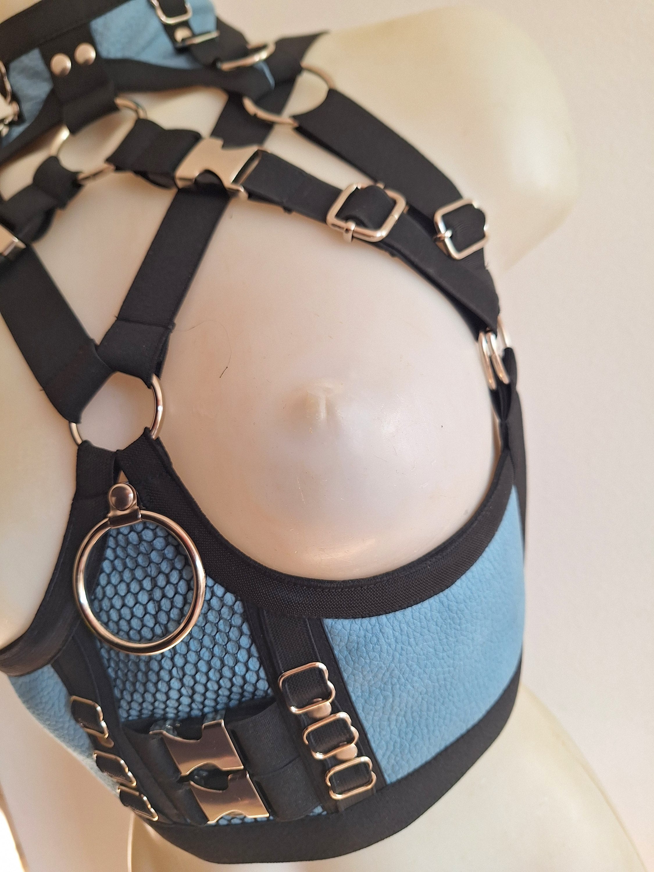 Blue faux leather under bust harness photo