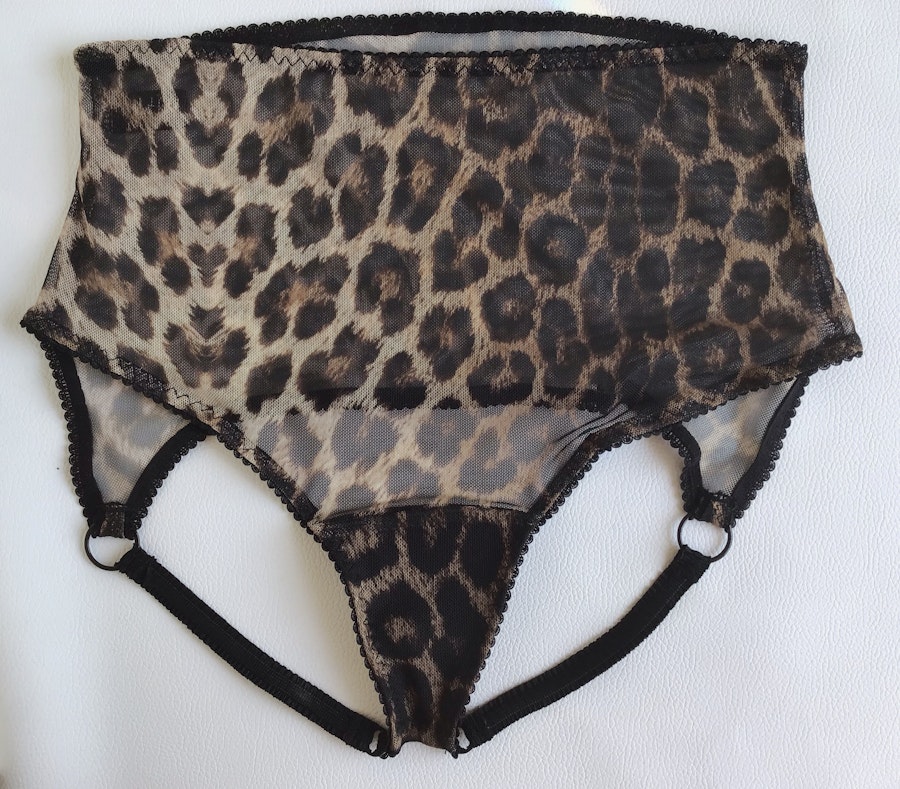 Leopard mesh crotchless SABBATH high waist knickers. Sheer open rear panties. Handmade to order sexy see thru lingerie. Image # 180098