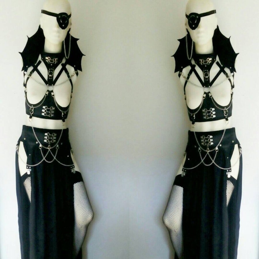 Four piece harness outfit gothic witch wicca outfit maxi skirt vampire costume under bust harness and eyepatch
