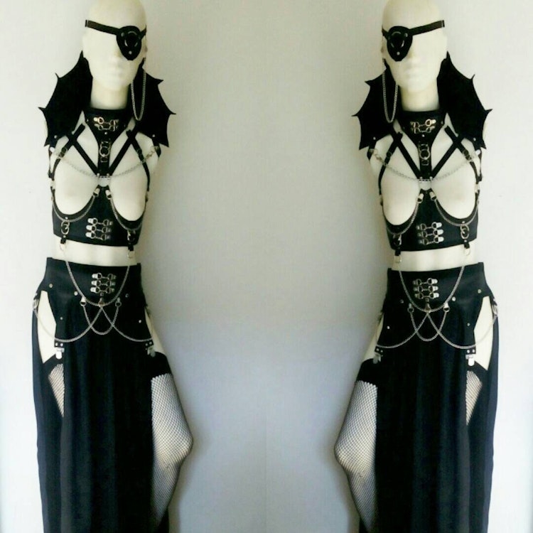Four piece harness outfit gothic witch wicca outfit maxi skirt vampire costume under bust harness and eyepatch photo