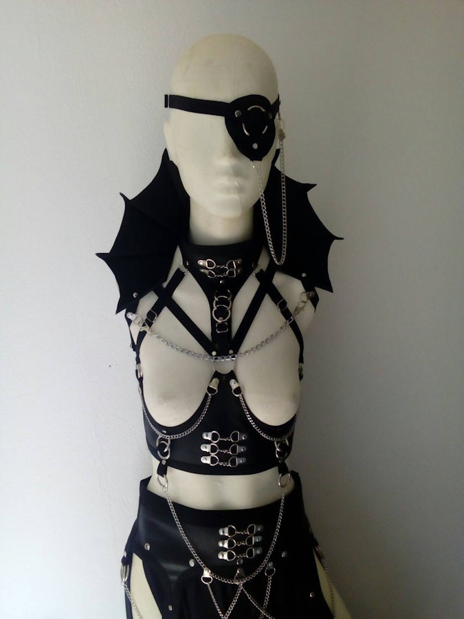 Four piece harness outfit gothic witch wicca outfit maxi skirt vampire costume under bust harness and eyepatch Image # 177025