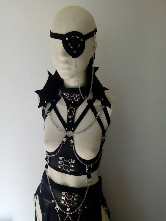 Four piece harness outfit gothic witch wicca outfit maxi skirt vampire costume under bust harness and eyepatch Image # 177028
