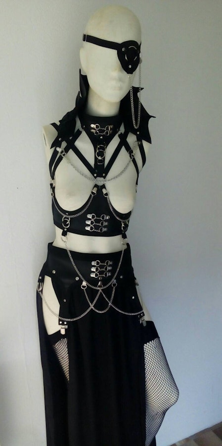 Four piece harness outfit gothic witch wicca outfit maxi skirt vampire costume under bust harness and eyepatch Image # 177026