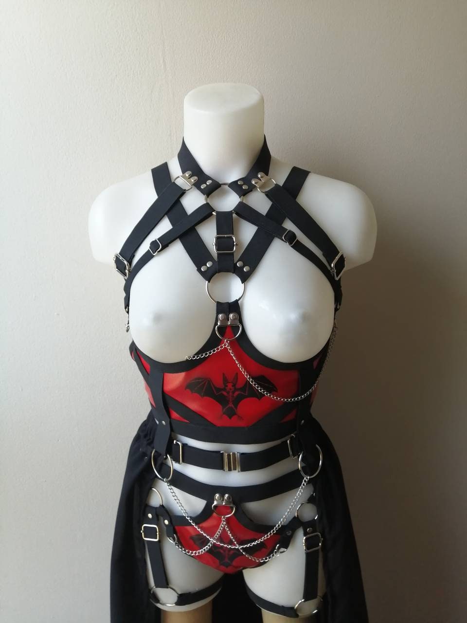Bat inspired outfit red full body vampire style gothic harness witchy outfit printed bat skeleton photo