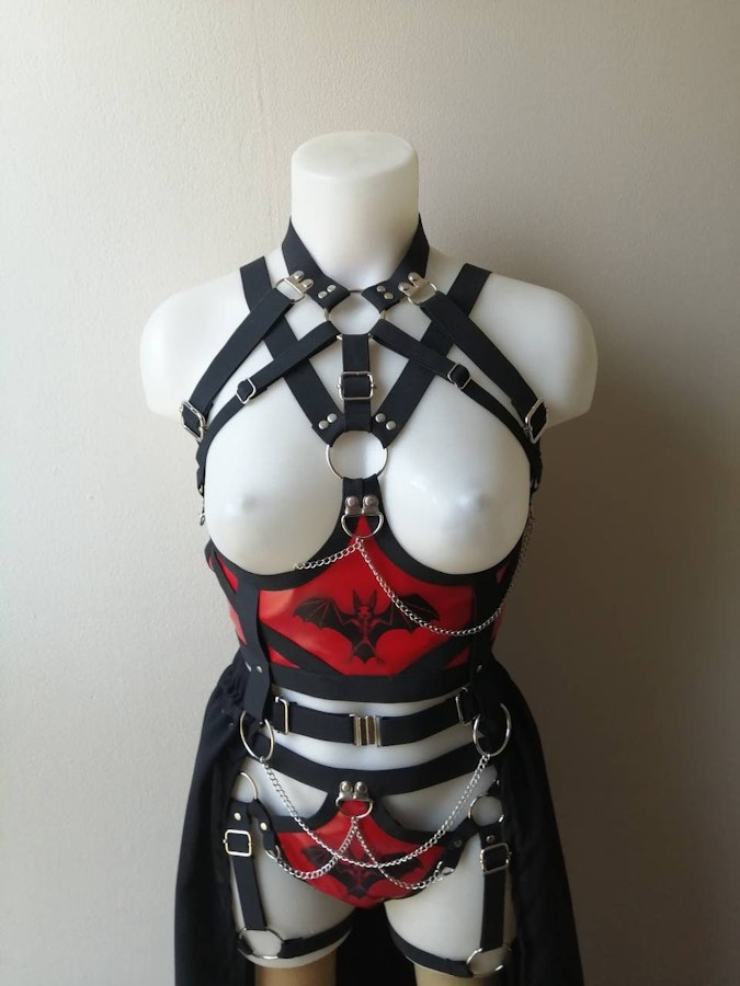 Bat inspired outfit red full body vampire style gothic harness witchy outfit printed bat skeleton Image # 176869