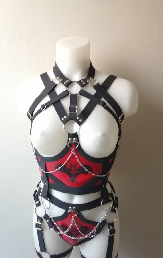 Bat inspired outfit red full body vampire style gothic harness witchy outfit printed bat skeleton Image # 176871