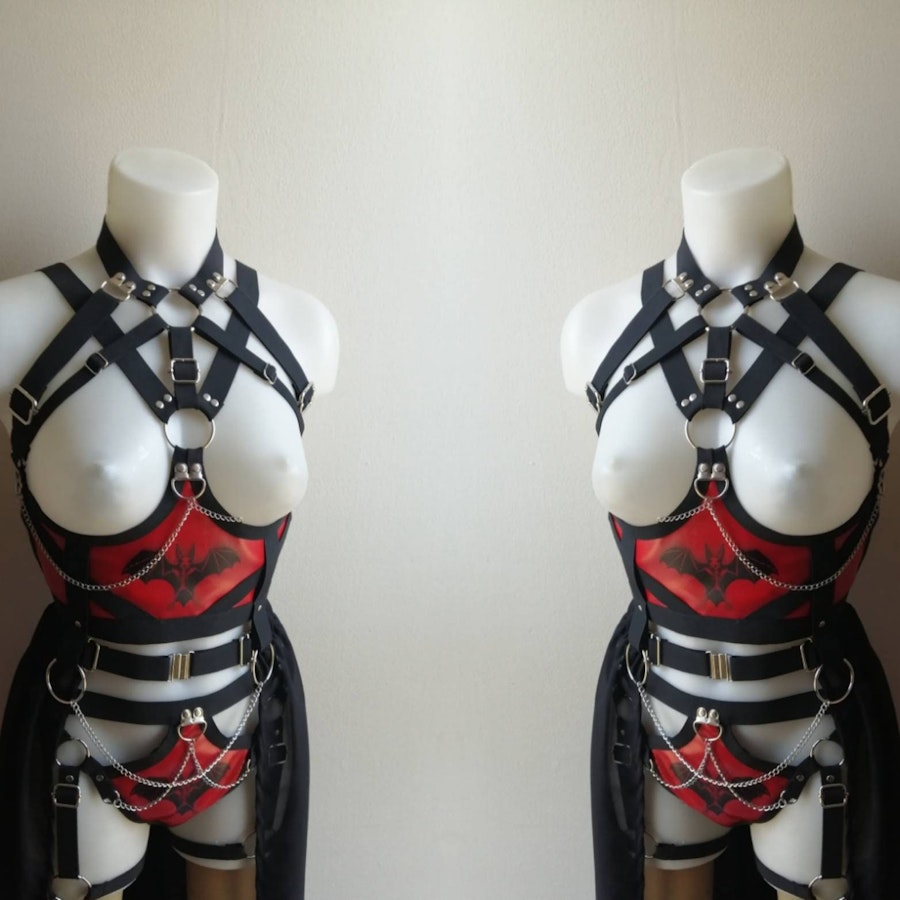 Bat inspired outfit red full body vampire style gothic harness witchy outfit printed bat skeleton