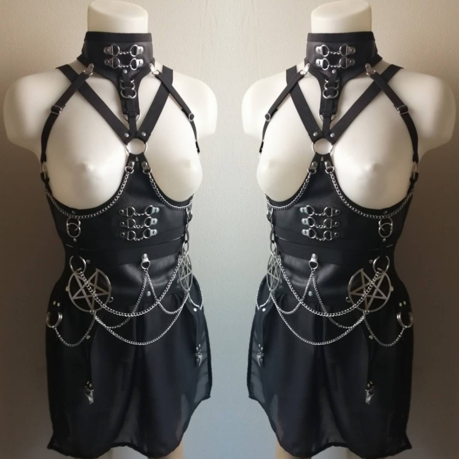 Underbust harness + pentagram mini skirt faux leather body belt corset pentagram pendant garter belt