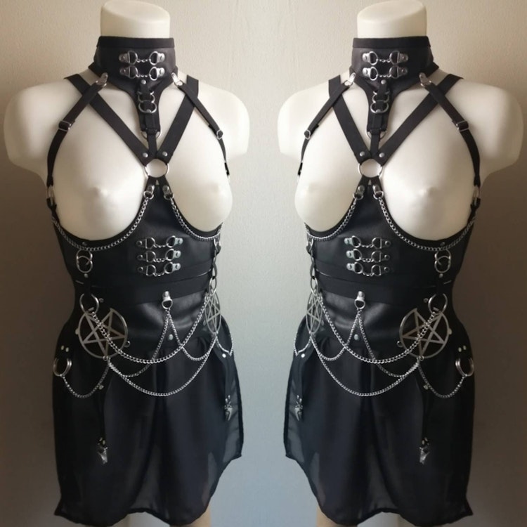 Underbust harness + pentagram mini skirt faux leather body belt corset pentagram pendant garter belt photo