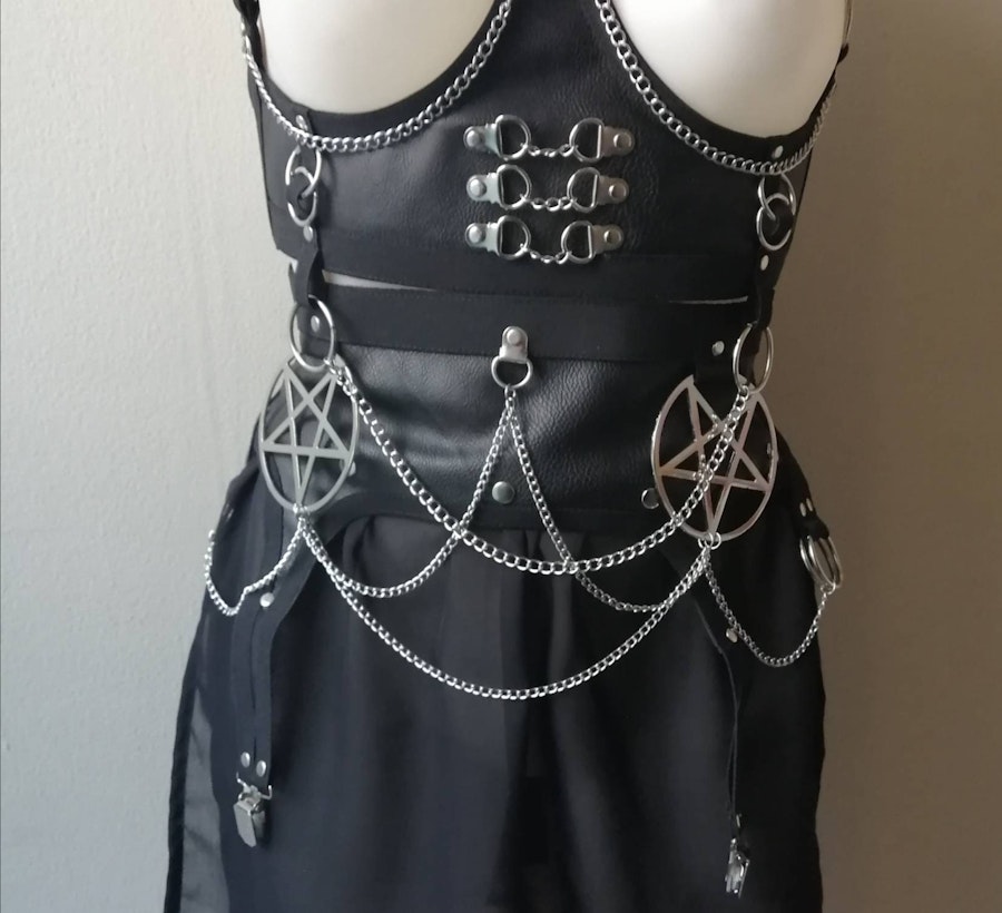 Underbust harness + pentagram mini skirt faux leather body belt corset pentagram pendant garter belt Image # 176916