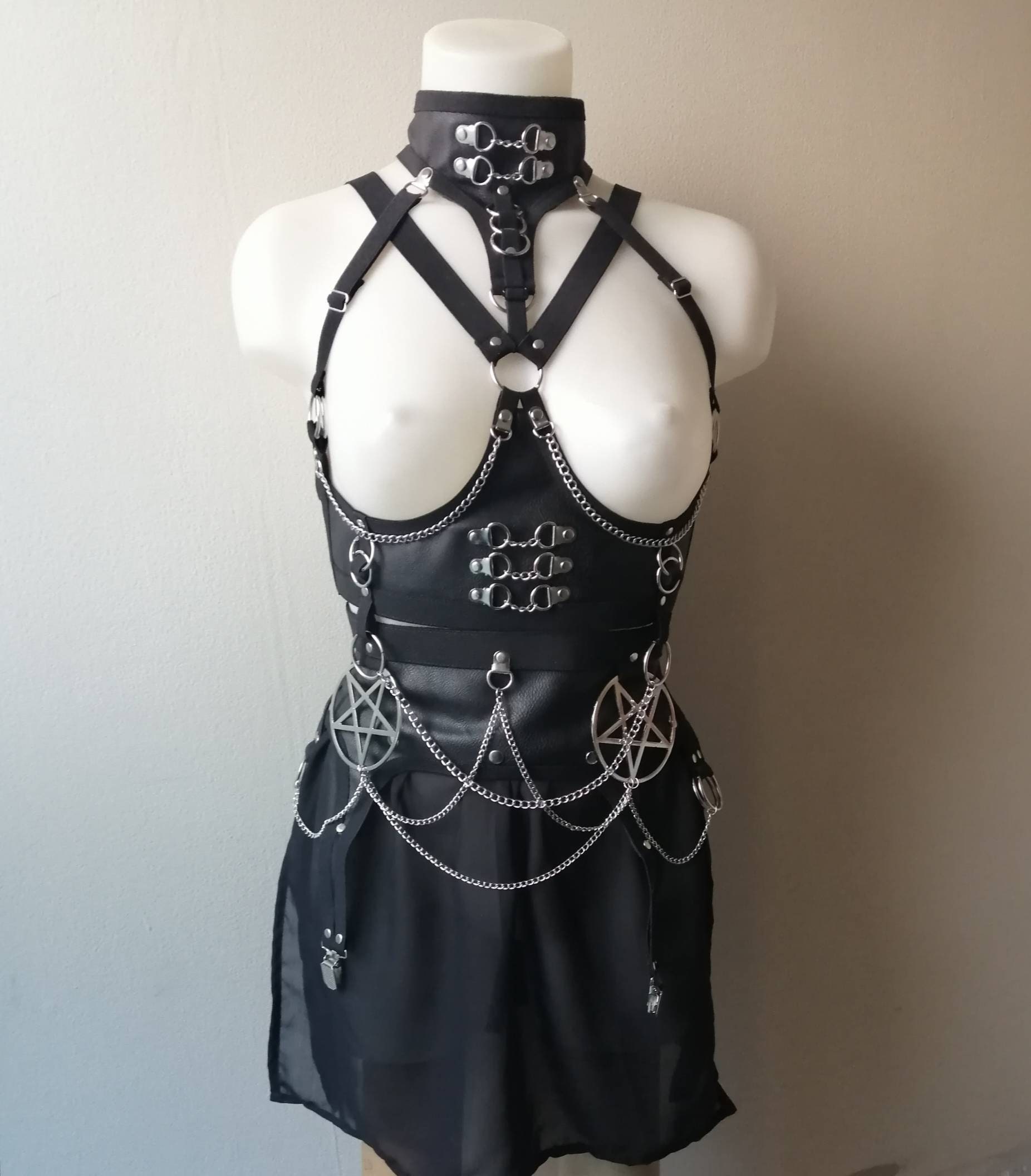 Underbust harness + pentagram mini skirt faux leather body belt corset pentagram pendant garter belt photo