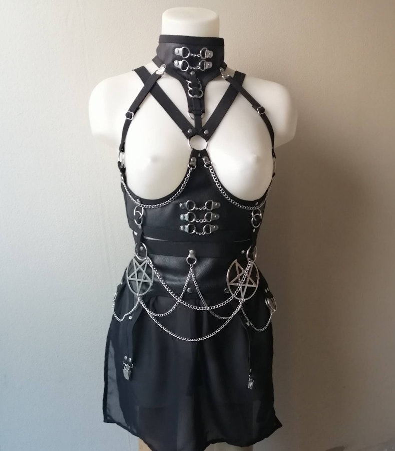 Underbust harness + pentagram mini skirt faux leather body belt corset pentagram pendant garter belt Image # 176915