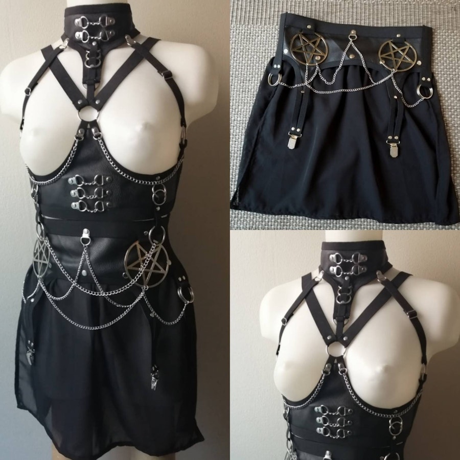 Underbust harness + pentagram mini skirt faux leather body belt corset pentagram pendant garter belt Image # 176917