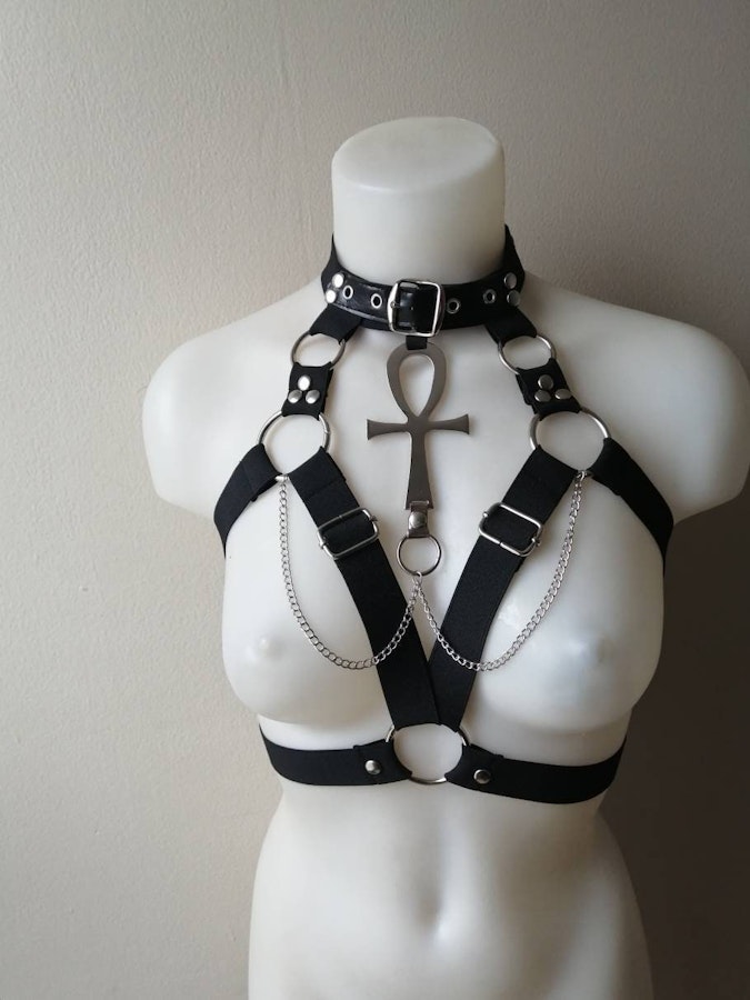 Elastic harness with large metal symbol (pentagram, thelema, moon, ankh, cross, leviathan) Image # 176928