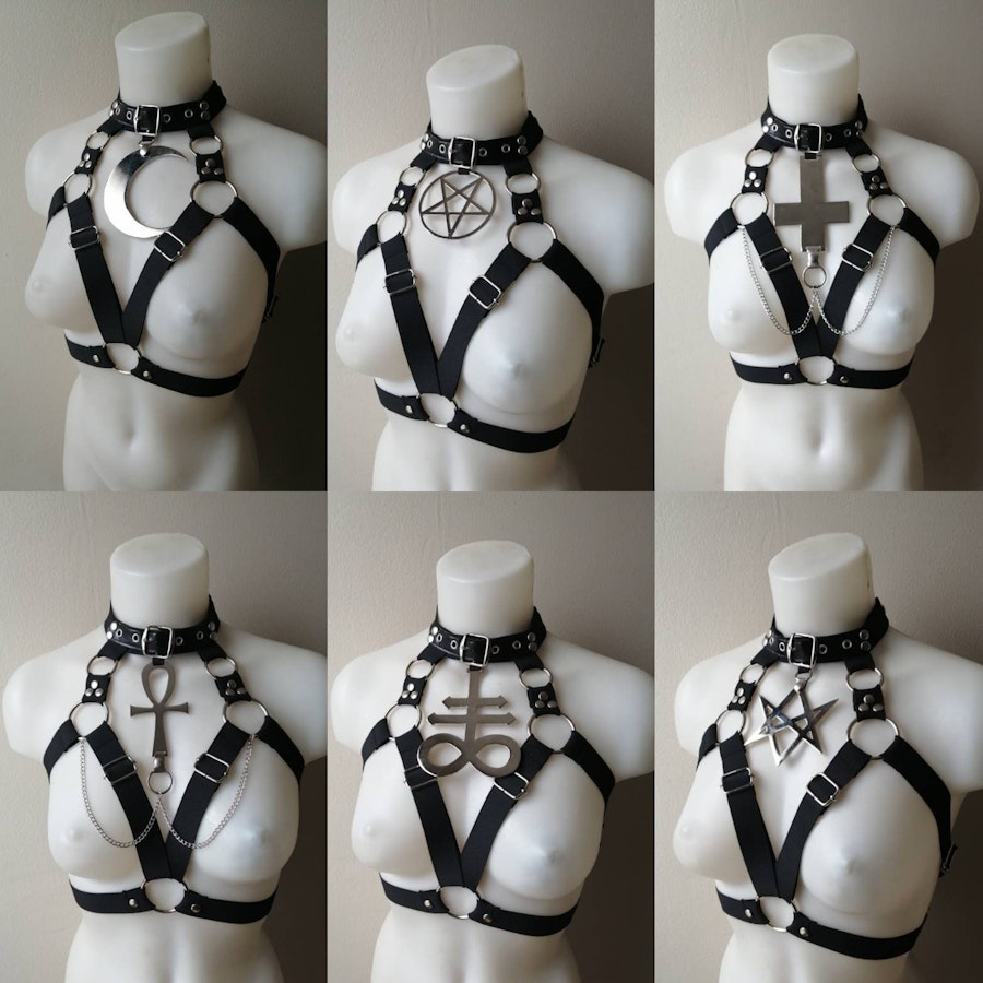 Elastic harness with large metal symbol (pentagram, thelema, moon, ankh, cross, leviathan)