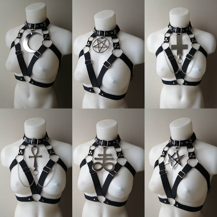 Elastic harness with large metal symbol (pentagram, thelema, moon, ankh, cross, leviathan) photo