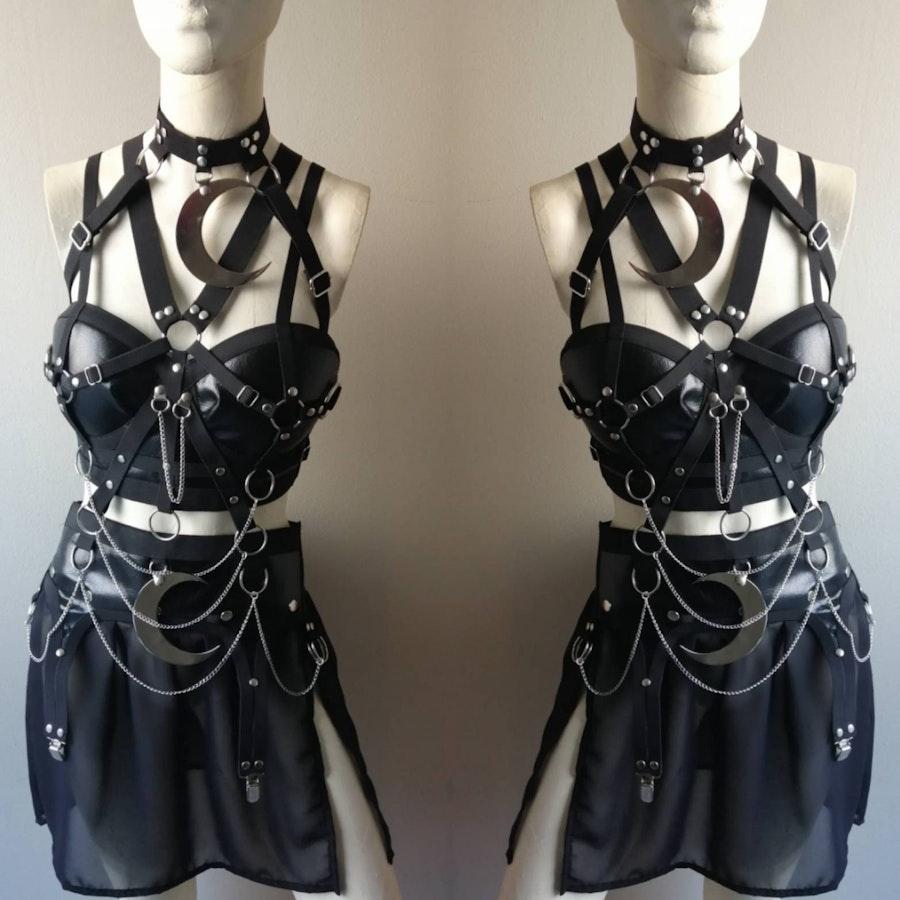 Gothic Outfit (moon) crescent moon large pedantno corset top and garter belt mini skirt gothic wiccan fashion boho festival wear Image # 176897