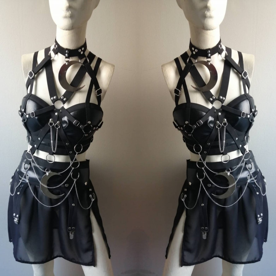 Gothic Outfit (moon) crescent moon large pedantno corset top and garter belt mini skirt gothic wiccan fashion boho festival wear