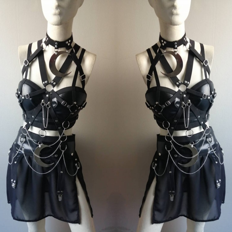 Gothic Outfit (moon) crescent moon large pedantno corset top and garter belt mini skirt gothic wiccan fashion boho festival wear photo