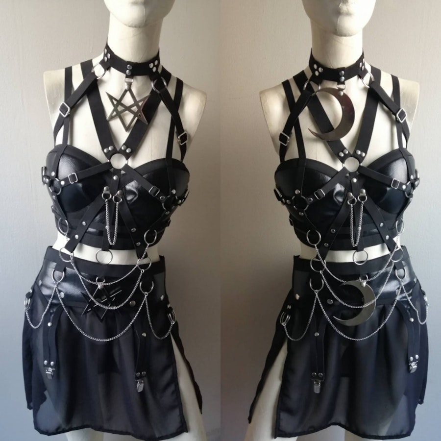 Gothic Outfit (moon) crescent moon large pedantno corset top and garter belt mini skirt gothic wiccan fashion boho festival wear Image # 176898