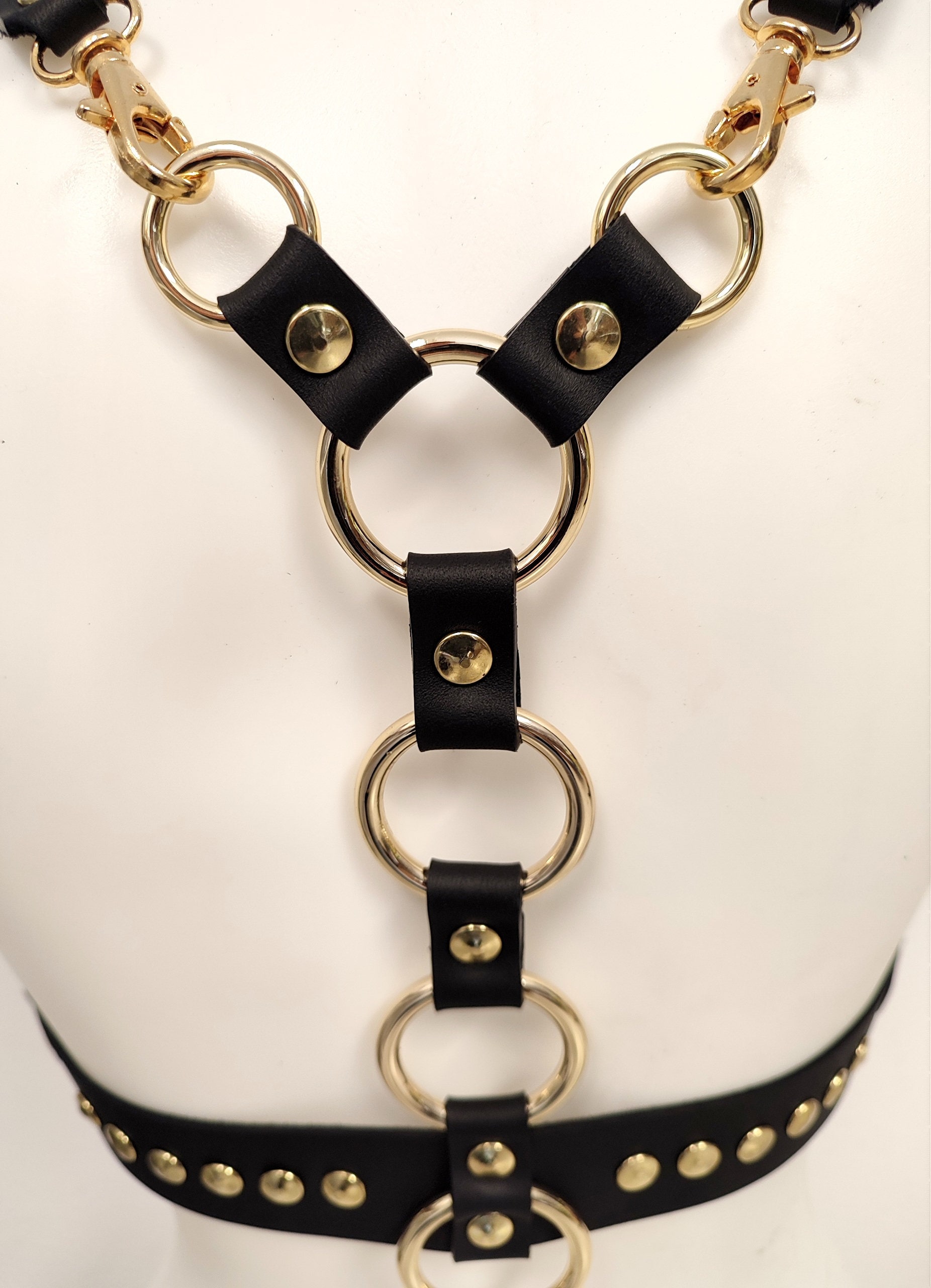 Grunge Goth Statement Leather Harness - Golden Color Hardware Harness photo