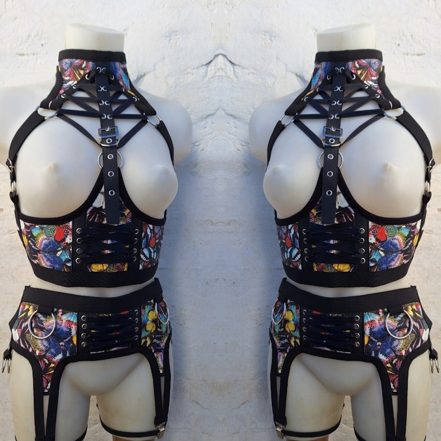 Printed harness-two piece set under bust elastic harness with garter belt multicolor  corset lacing fashion piece festival wear
