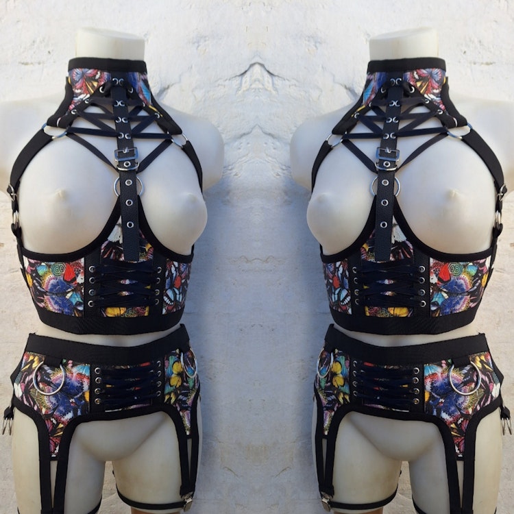 Printed harness-two piece set under bust elastic harness with garter belt multicolor  corset lacing fashion piece festival wear photo