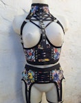 Printed harness-two piece set under bust elastic harness with garter belt multicolor  corset lacing fashion piece festival wear Thumbnail # 177087