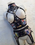 Printed harness-two piece set under bust elastic harness with garter belt multicolor  corset lacing fashion piece festival wear Thumbnail # 177090