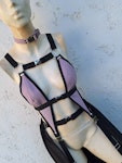 Rave outfit metalic colors multicolor bra and skirt belt set festival stage wear faux leather witchy outfit Thumbnail # 177032