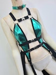 Rave outfit metalic colors multicolor bra and skirt belt set festival stage wear faux leather witchy outfit Thumbnail # 177034