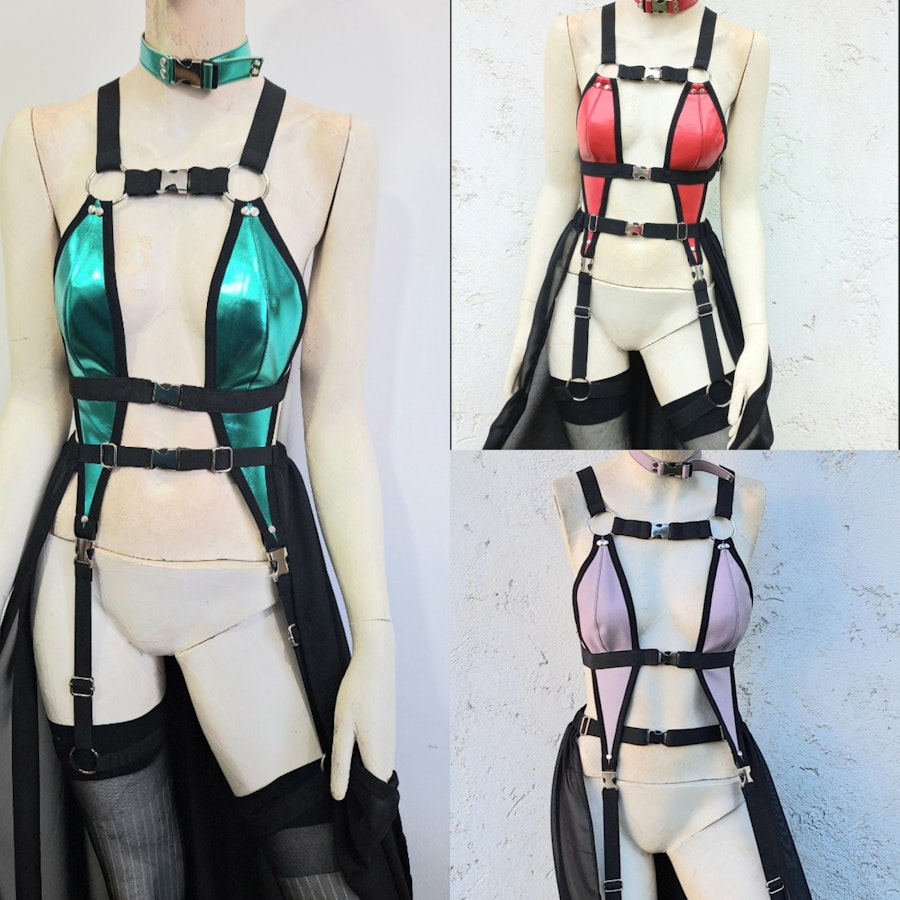 Rave outfit metalic colors multicolor bra and skirt belt set festival stage wear faux leather witchy outfit