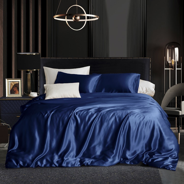 Navy Pure Mulberry Silk Seamless Flat Sheet, Fitted Sheet and Duvet | Full, Queen, King, California King & Set | 22 Momme | Float Collection photo