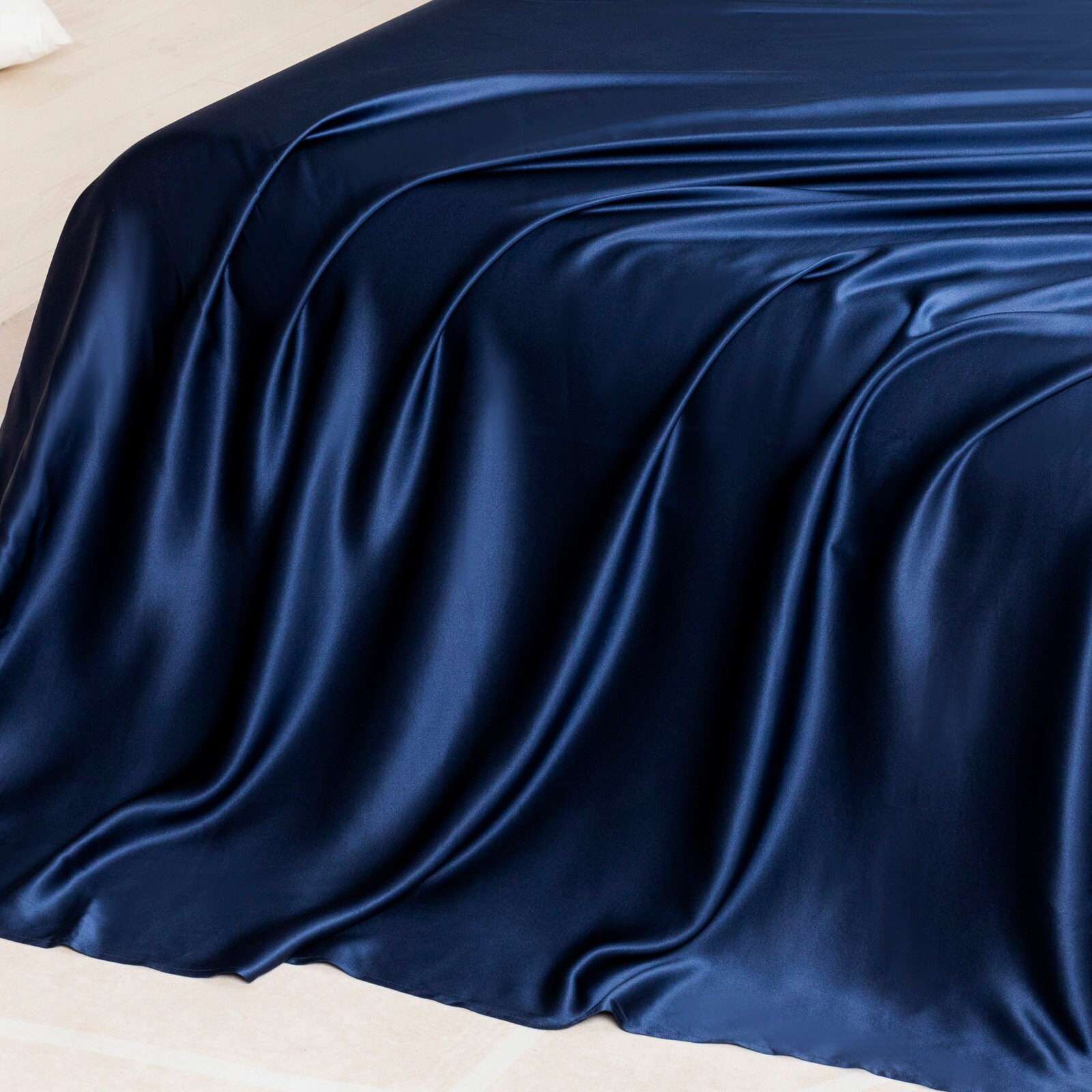 Navy Pure Mulberry Silk Seamless Flat Sheet, Fitted Sheet and Duvet | Full, Queen, King, California King & Set | 22 Momme | Float Collection photo