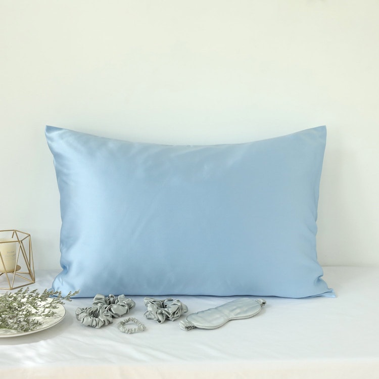 Blue Macaron Luxury Pure Mulberry Silk Pillowcase | Queen | 32 Momme | Drape Collection photo