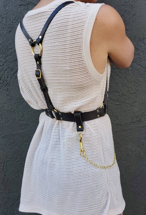 Vegan Textured Leather Belt Harness (Faux Leather) with Chain photo