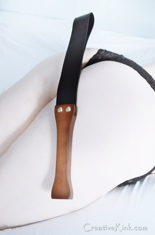 Black Leather Belt, Hardwood Handle -- Beating Strap for Naughty Bottoms -- BDSM Adult Spanking Toy photo