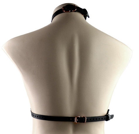 Luxury Leather Black Body Bra Harness With Rose Gold Hardware photo
