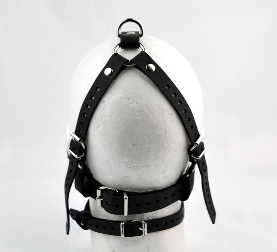 Ultra Strict Head Harness Ring Gag - Black Leather & Steel Image # 216092