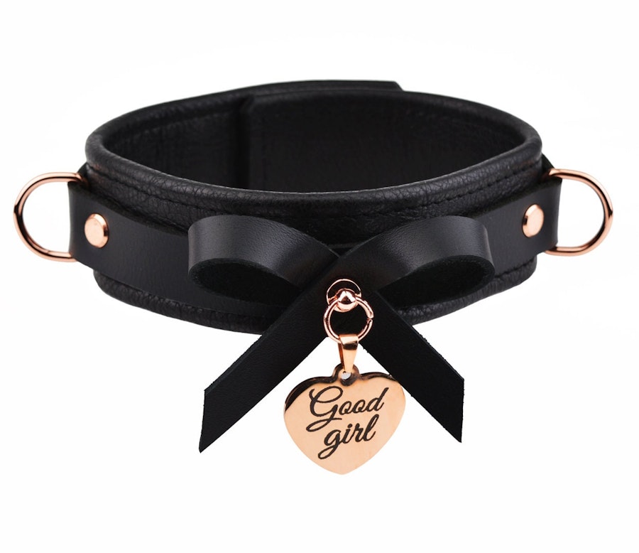 Premium BDSM Black Leather Bow Collar & Leash With Custom Engraved Rose Gold Pendant Image # 216071