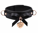 Premium BDSM Black Leather Bow Collar & Leash With Custom Engraved Rose Gold Pendant Thumbnail # 216071